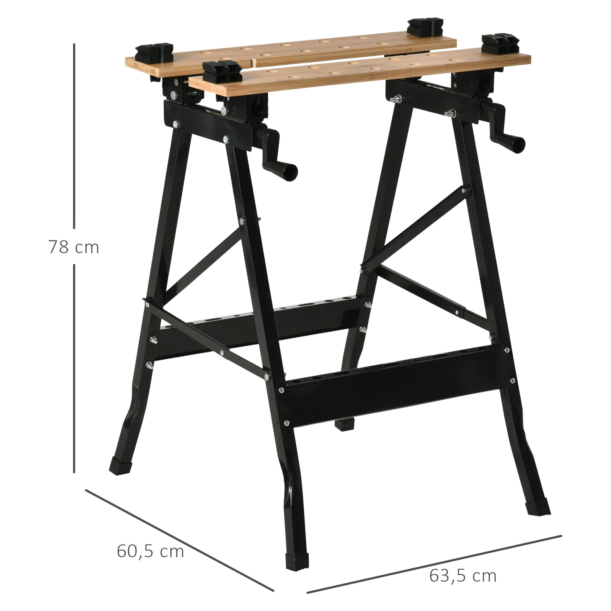 HOMCOM Banco de Trabajo Plegable Portátil con Tableros Ajustables en ángulo y Distancia Bambú y Acero Carga Máx. 150 kg 63,5x60,5x78 cm Madera Natural y Negro
