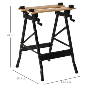 HOMCOM Banco de Trabajo Plegable Portátil con Tableros Ajustables en ángulo y Distancia Bambú y Acero Carga Máx. 150 kg 63,5x60,5x78 cm Madera Natural y Negro
