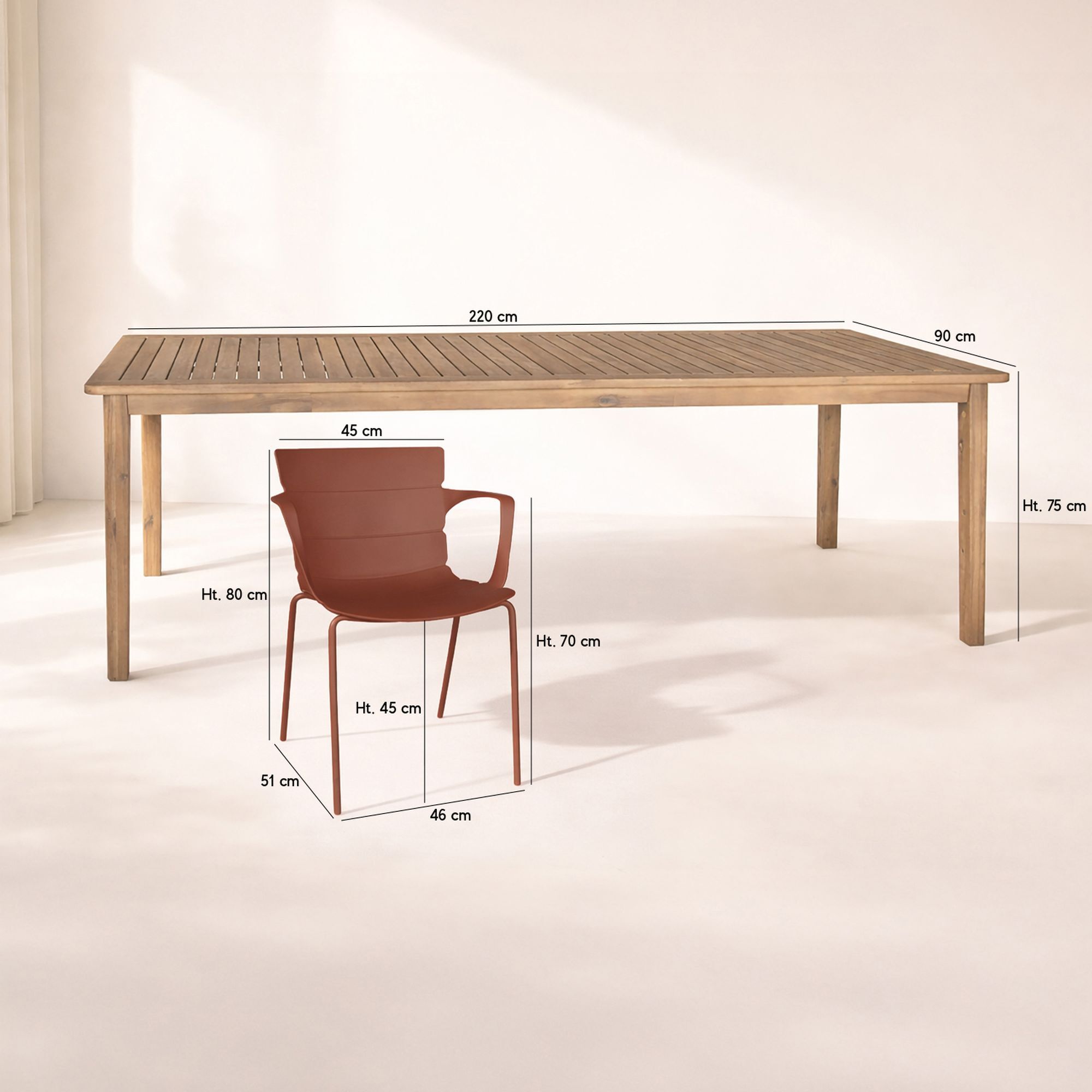 Ensemble de jardin table en bois d'acacia et 8 fauteuils brique MONTAUK