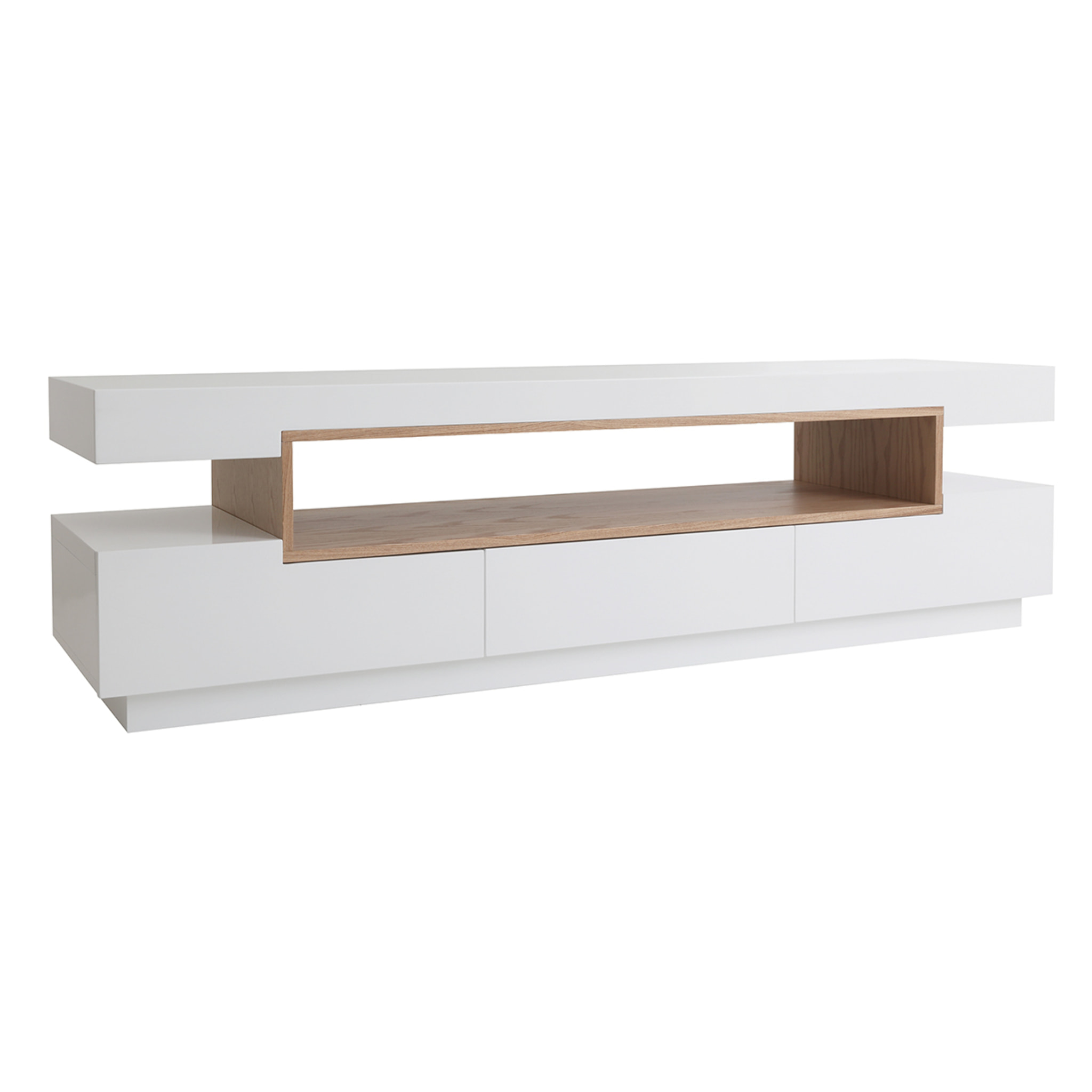 Meuble TV design blanc laqué brillant et bois L200 cm LIVO