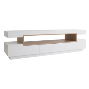 Meuble TV design blanc laqué brillant et bois L200 cm LIVO