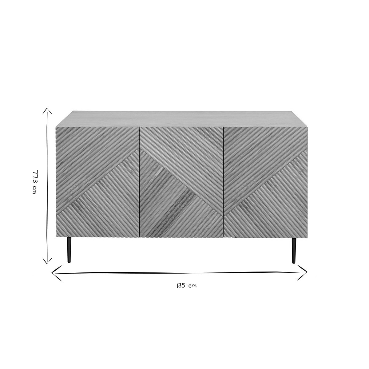 Buffet design en bois clair chêne massif gravé et métal noir 3 portes L135 cm ARCHIPEL