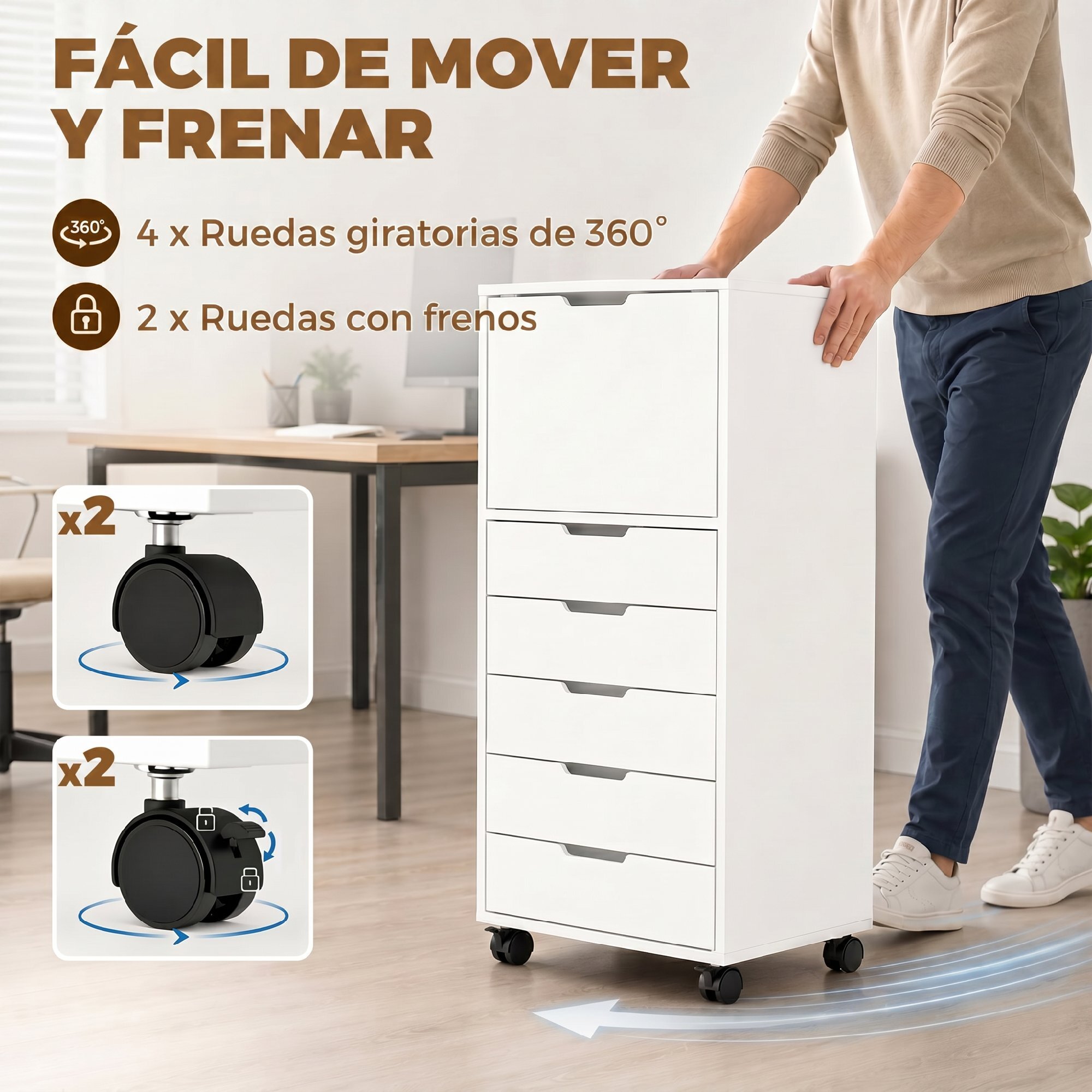 Cajonera Escritorio con 5 Cajones, Cajonera de Oficina con Ruedas y Armario con Cierre Suave, Soporte para Impresora, Mueble Archivador para Oficina en Casa, Blanco