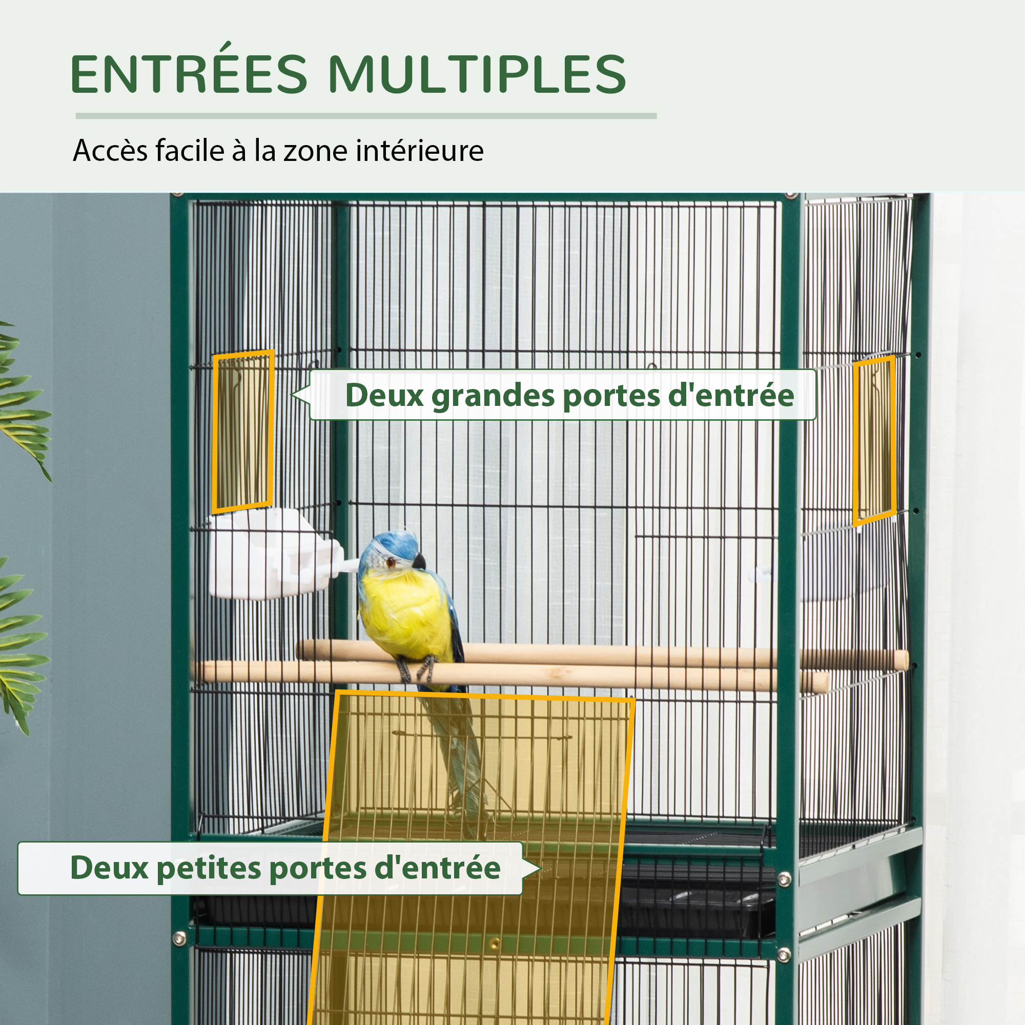 Grande cage à oiseaux sur pied à roulettes - volière double, mangeoires, perchoirs, plateau amovible - vert noir