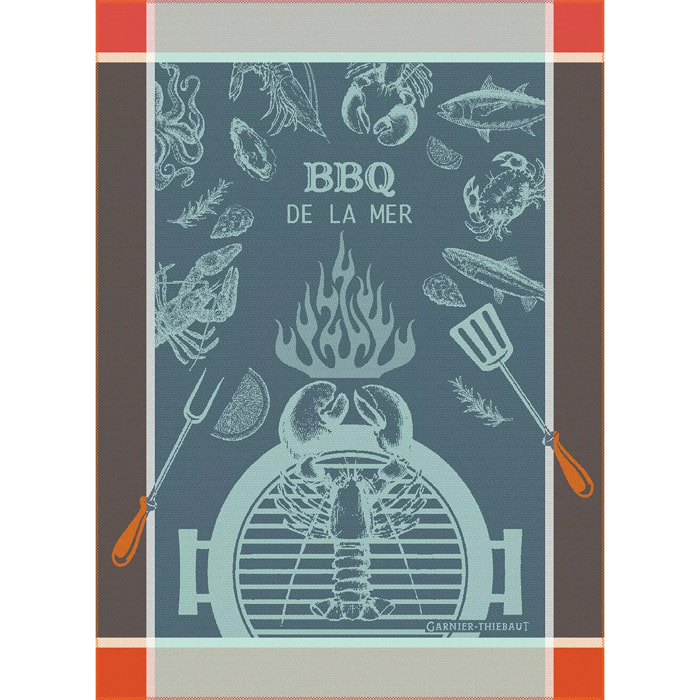 Torchon pur coton motif jacquard bleu Bbq de la mer bleu