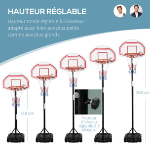 Panier de Basket-Ball sur pied avec poteau panneau - base de lestage sur roulettes - hauteur réglable 5 niveaux 2,45-2,95 m - acier HDPE noir blanc