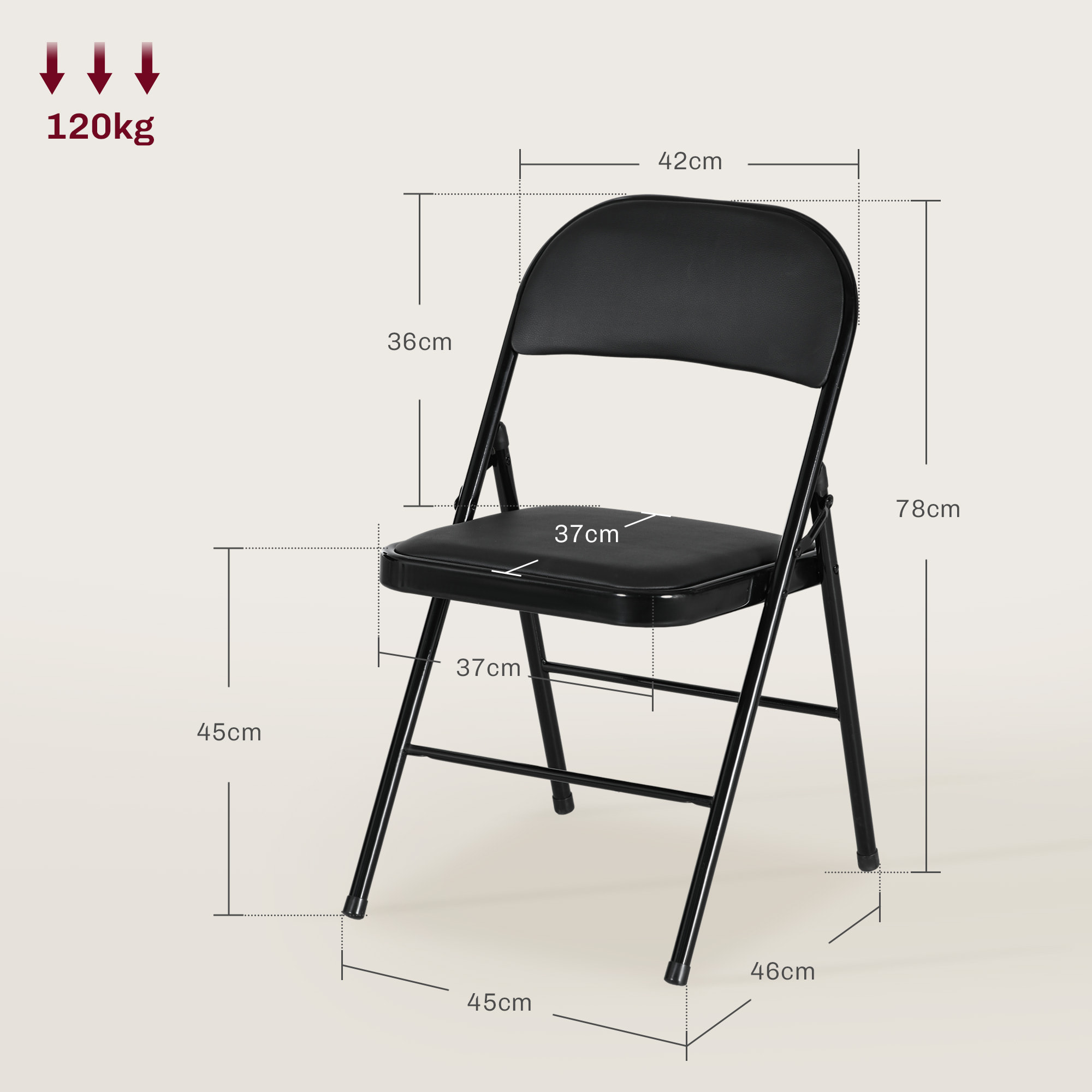 Juego de 4 Sillas Plegables Acolchadas con Respaldo y Estructura de Acero, para Salón, Comedor, Cocina, 45x46x78 cm, Negro