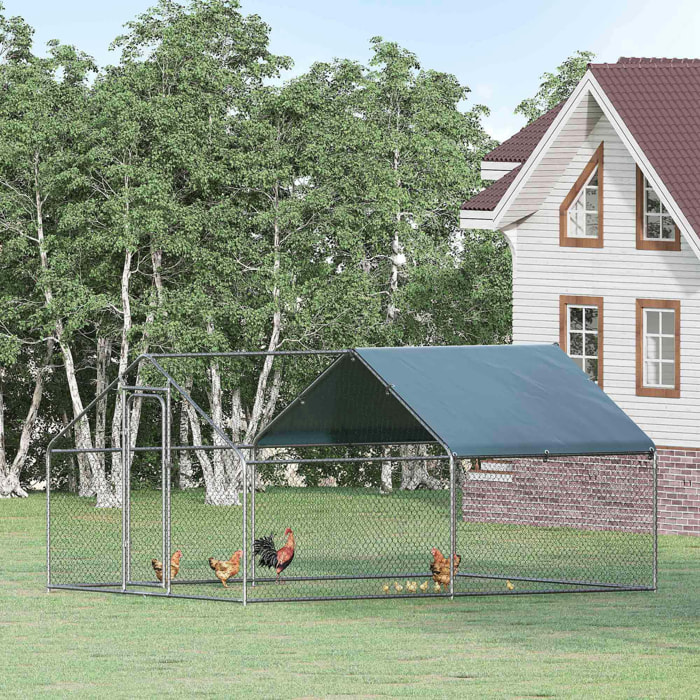 Gallinero Exterior Grande de Metal Galvanizado 3x4x1,95 m Jaula de Aves con Puerta Cubierta de Tela Oxford Resistente a los Rayos UV y al Agua para Patio Plata