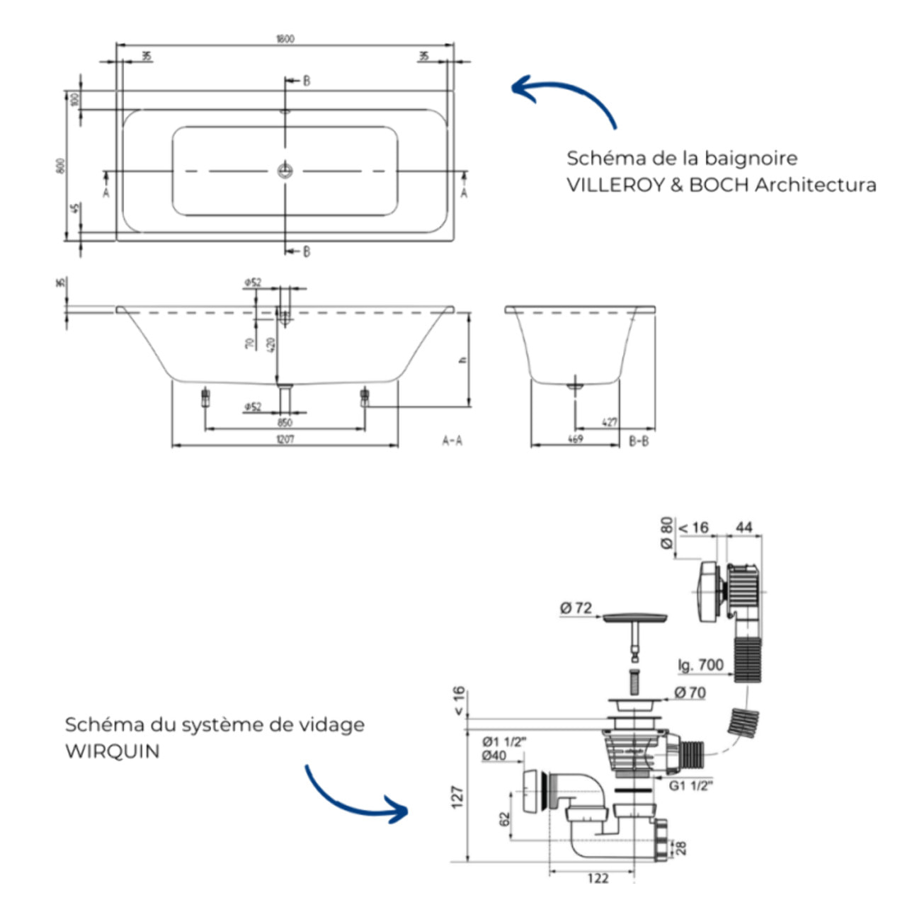 Baignoire droite 180 x 80 VILLEROY & BOCH Architectura + Vidage de baignoire WIRQUIN chromé