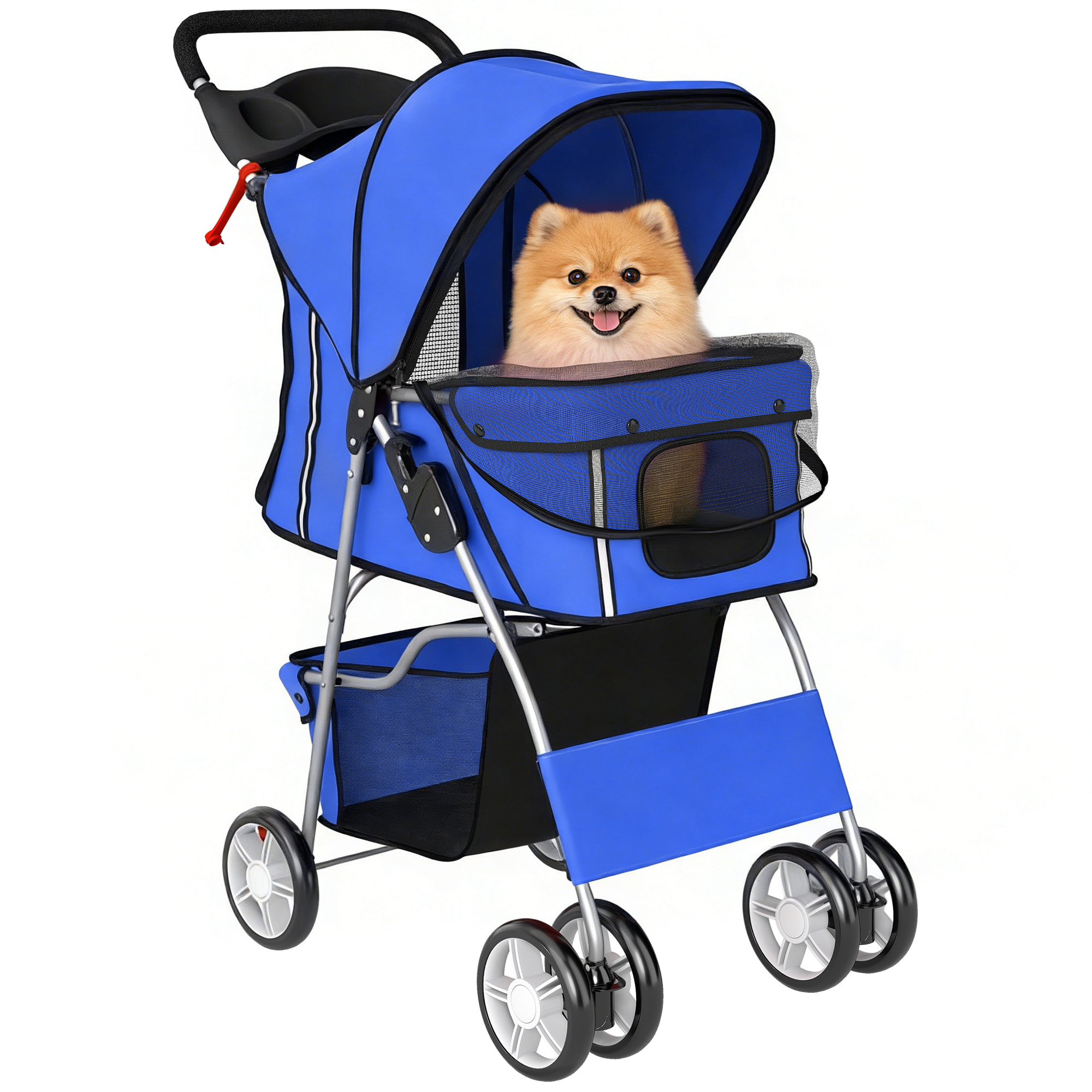 PawHut Carrito para Perros Gatos Plegable hasta 10 kg, Cochecito para Perros Pequeños con Ruedas de EVA y Frenos, Cesta de Almacenaje, Ventanas de Malla, Portavasos, Cojín Lavable, 77x44x102 cm, Azul
