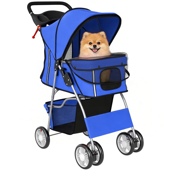 PawHut Carrito para Perros Gatos Plegable hasta 10 kg, Cochecito para Perros Pequeños con Ruedas de EVA y Frenos, Cesta de Almacenaje, Ventanas de Malla, Portavasos, Cojín Lavable, 77x44x102 cm, Azul