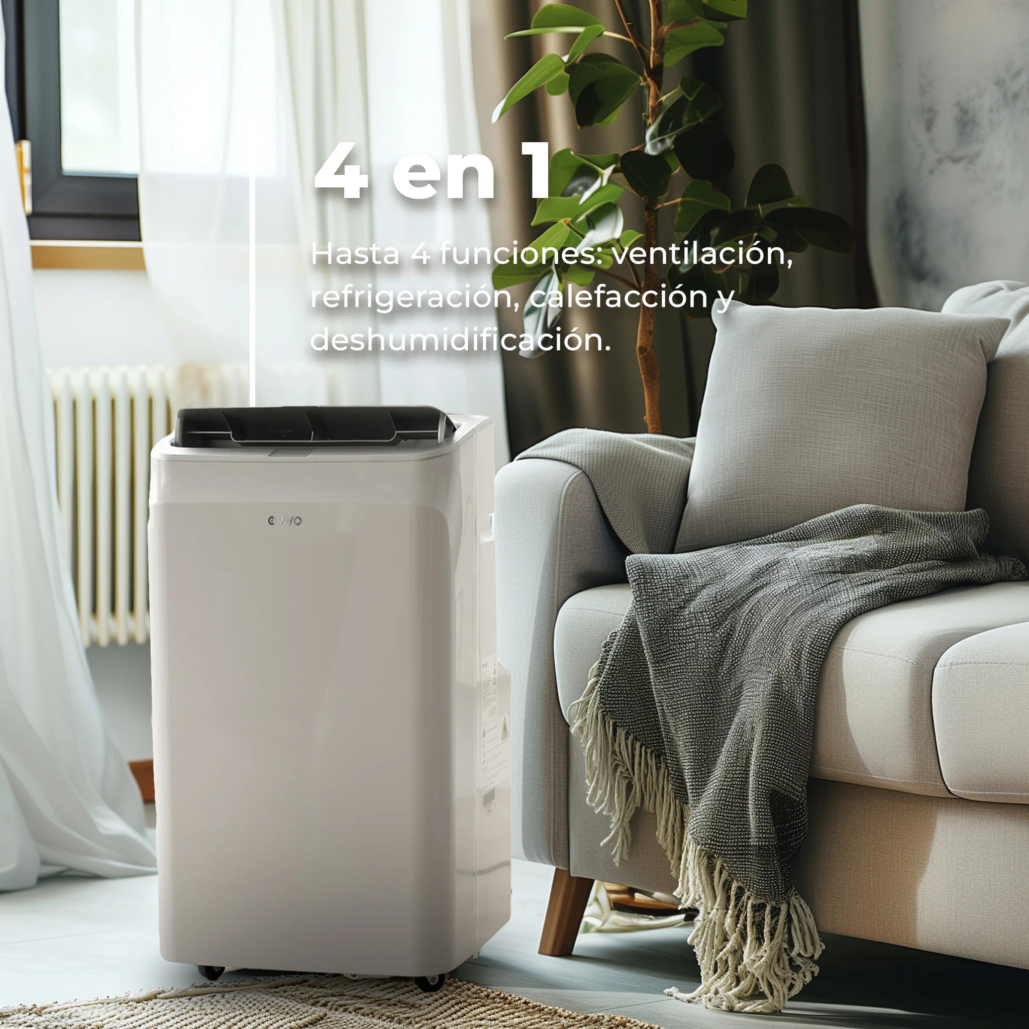 EVVO Aire Acondicionado Portatil Frio y Calor P12, silencioso, 4 en 1 - Refrigeración, calefacción, ventilación y deshumidificación