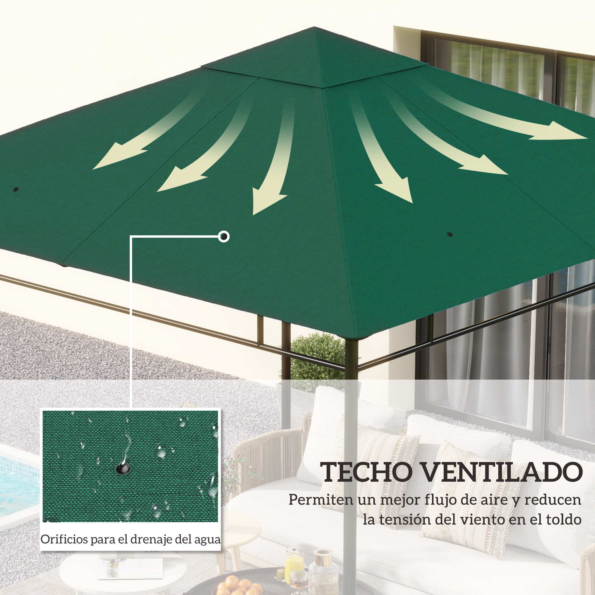 Outsunny Techo de Repuesto para Cenador, 3x3 m, Cubierta de Repuesto con 8 Orificios de Drenaje, Ventilación y Protección UV, SOLO Toldo de Recambio para Pabellón Gazebo, Verde