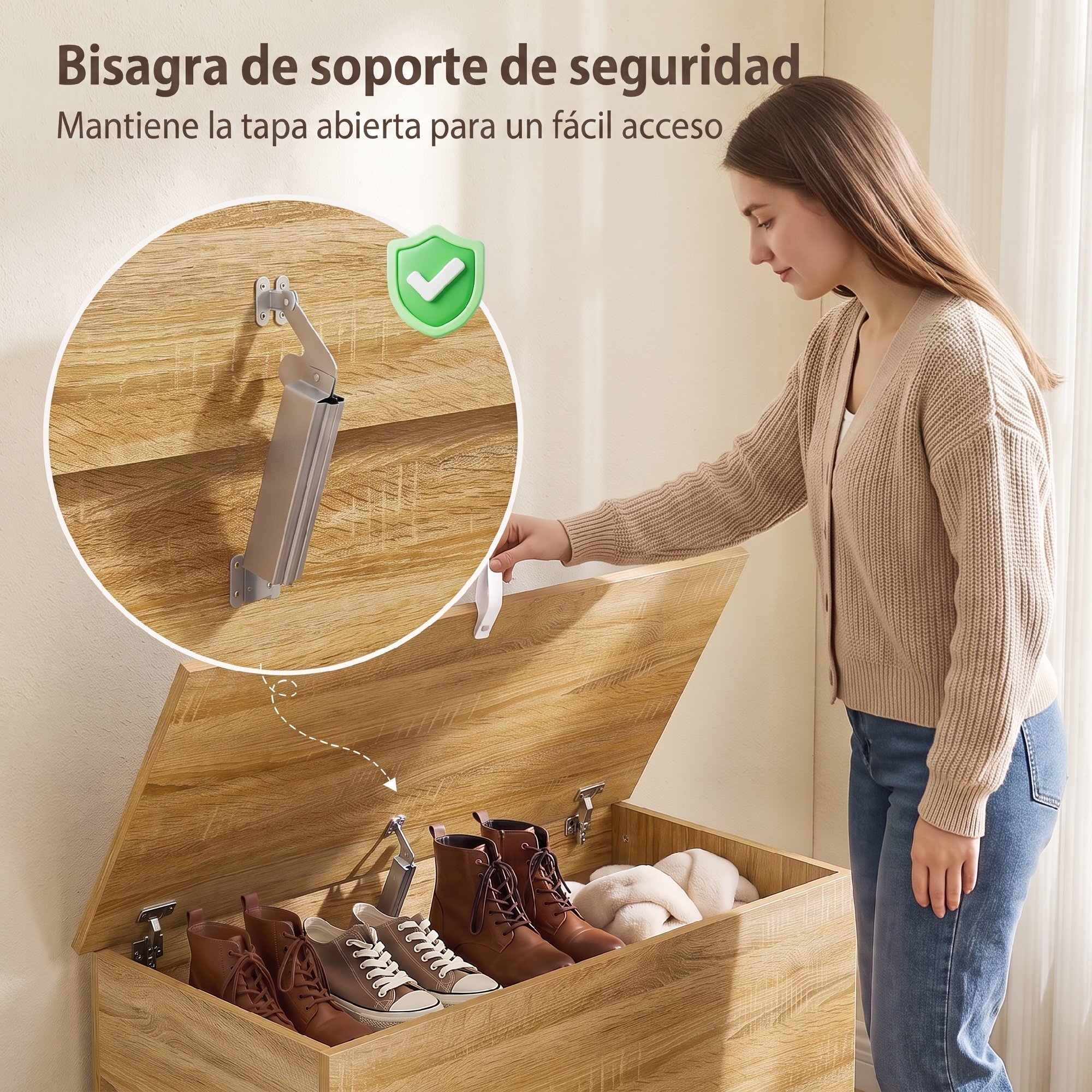 HOMCOM Baúl de Almacenaje 102L, Banco de Almacenaje, Banco Zapatero con Bisagra de Seguridad, Estilo Moderno, para Pasillo, Dormitorio, Recibidor, Salón, 80x40x45 cm, Roble