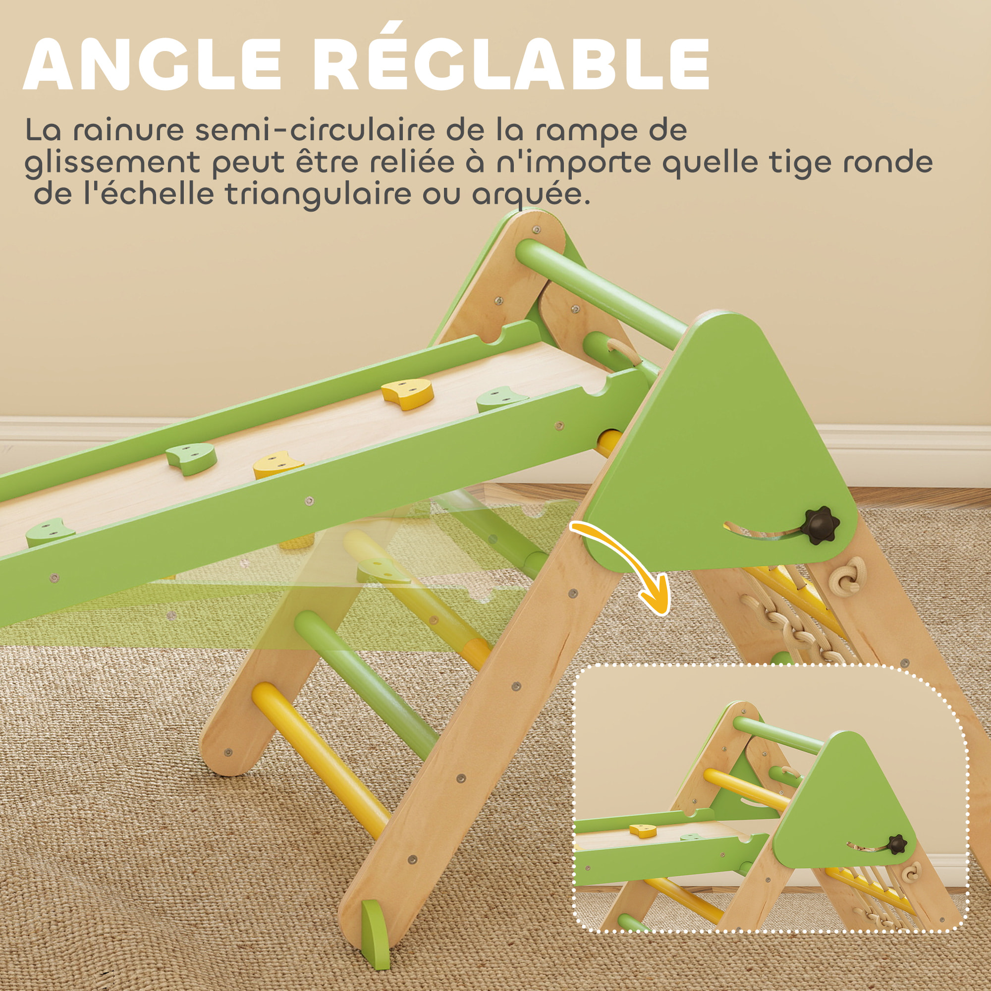 Triangle d'escalade enfant pliable 8 en 1 - aire de jeu enfant - bois vert