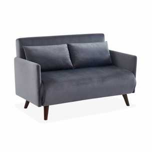 Canapé convertible en velours - Panam - 2 places scandinave. pieds bois foncé. gris foncé. banquette. dossier inclinable