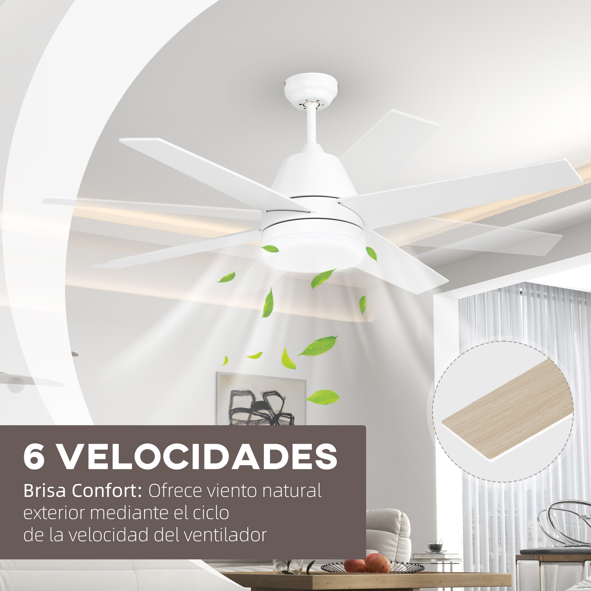 Ventilador de Techo con Luz 46W Ø129 cm Motor DC Ventilador de Techo Silencioso con 4 Aspas Reversibles Mando a Distancia 6 Velocidades y Temporizador para Dormitorio Salón