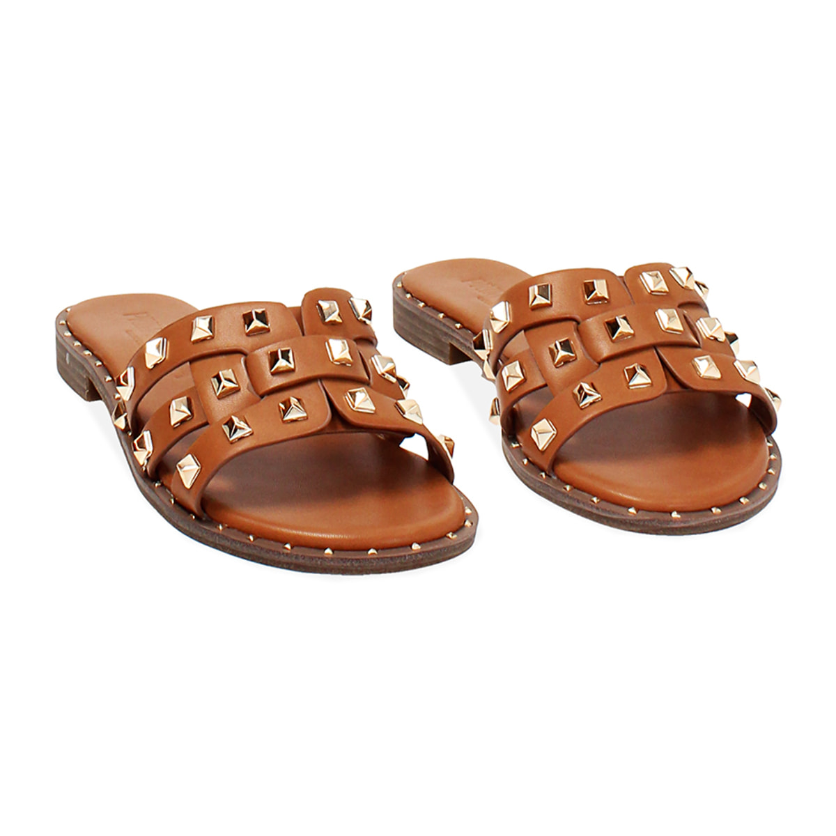 Sandali bassi donna cognac con borchie oro