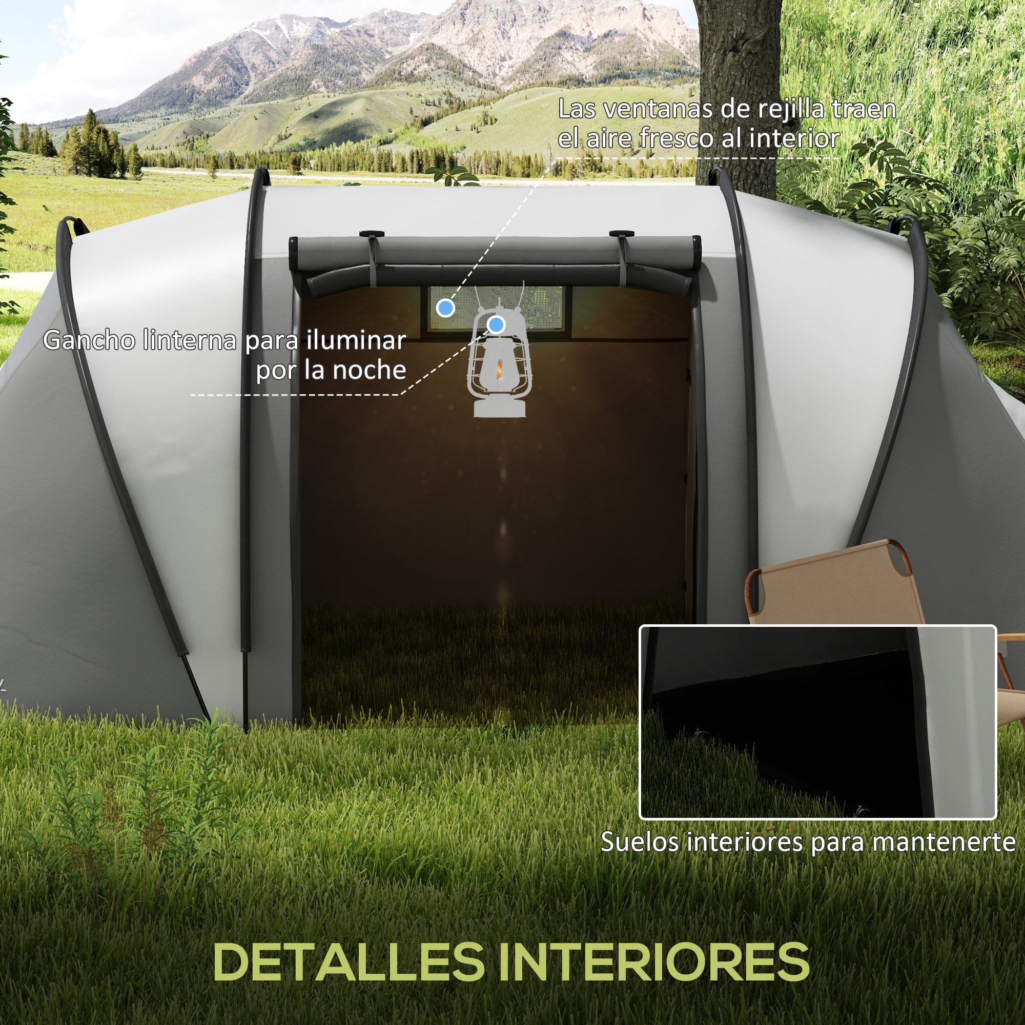 Tienda de Campaña Familiar para 4-5 Personas Tienda de Acampada de Túnel Impermeable 3000 mm con 2 Dormitorios Bolsa de Transporte y Gancho para Pescar Senderismo Gris