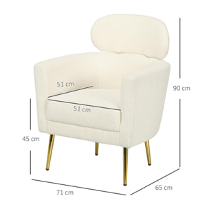 Butaca de Salón Sillón Individual Silla de Ocio Tapizado en Vellón con Reposacabezas y Patas de Metal para Dormitorio Oficina Habitación Carga 125 kg Crema