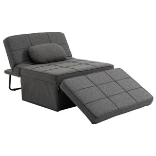 Fauteuil chauffeuse chaise longue pouf 3 en 1 dossier inclinable 5 niveaux repose-pied rabattable châssis métal noir lin gris