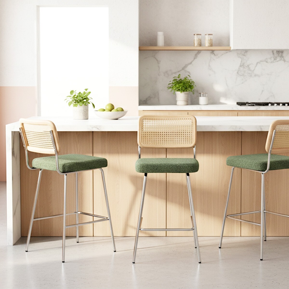 Lot de 2 chaises de bar en cannage et tissu bouclé, piètement chromé - MUSE