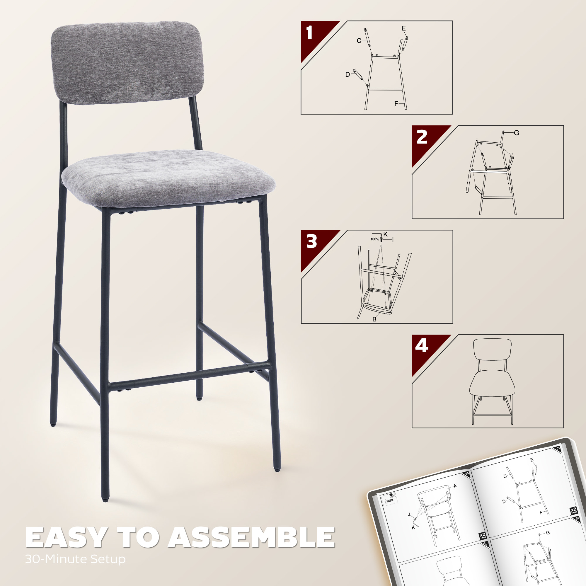 Lot de 2 tabourets de bar style vintage assise large dossier haut acier noir tissu chenille gris