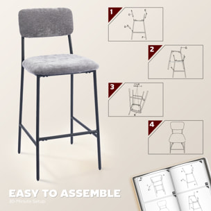 Lot de 2 tabourets de bar style vintage assise large dossier haut acier noir tissu chenille gris