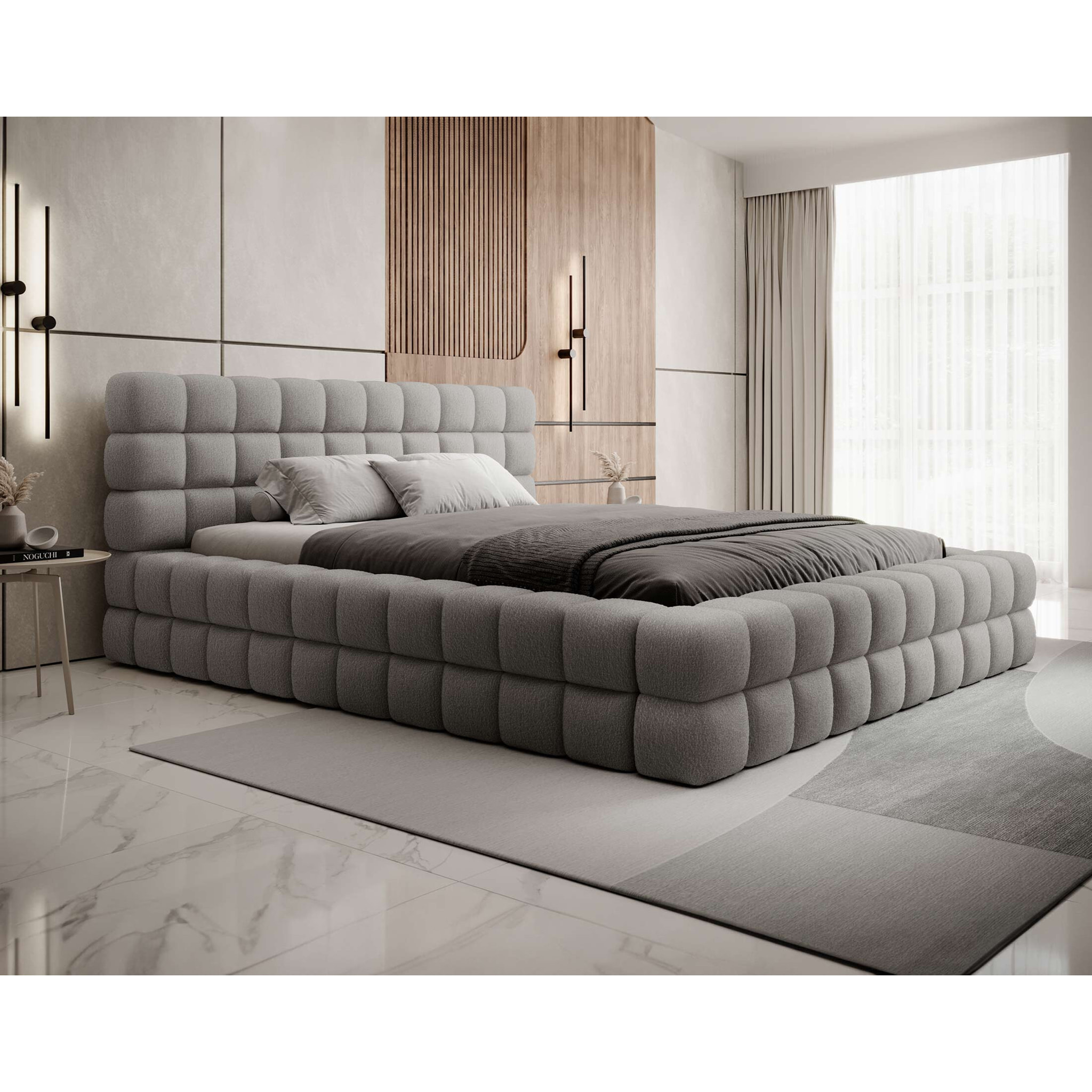 Kingston - lit coffre - 180x200 - sommier inclus - en tissu bouclette - Gris