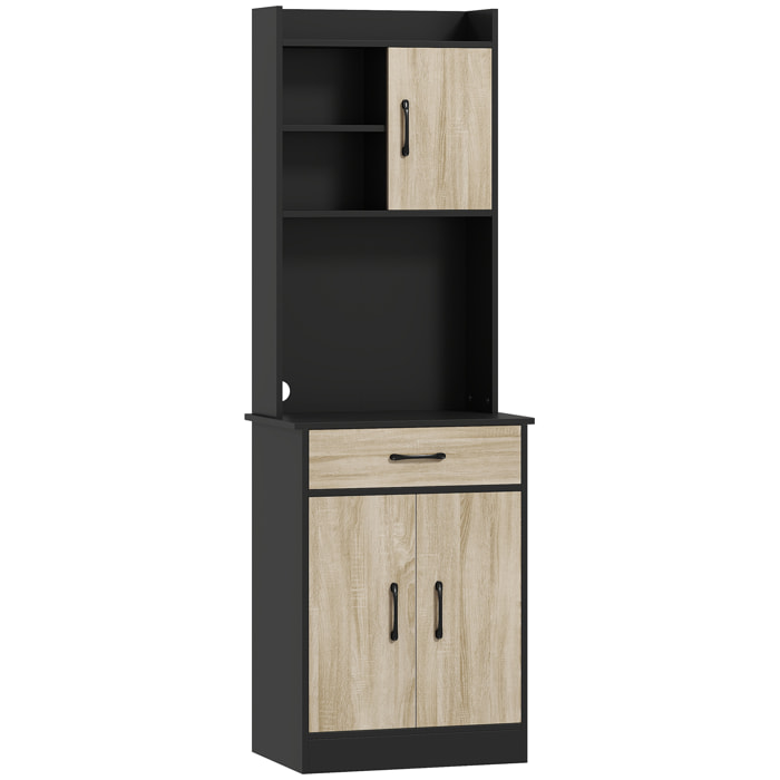 Buffet haut cuisine - 3 portes, 3 étagères, 2 niches plan de travail - dim. 60 x 40 x 180 cm - noir effet bois clair