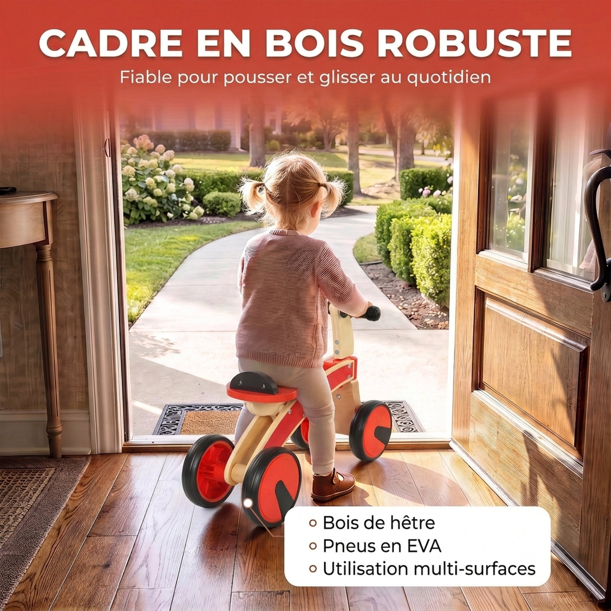 Porteur en bois 4 roues selle avec rebord naturel noir rouge