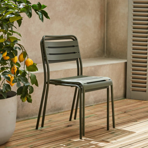 Table de jardin métal + 2 assises kaki Amélia. lattes et bords arrondis. traitement antirouille