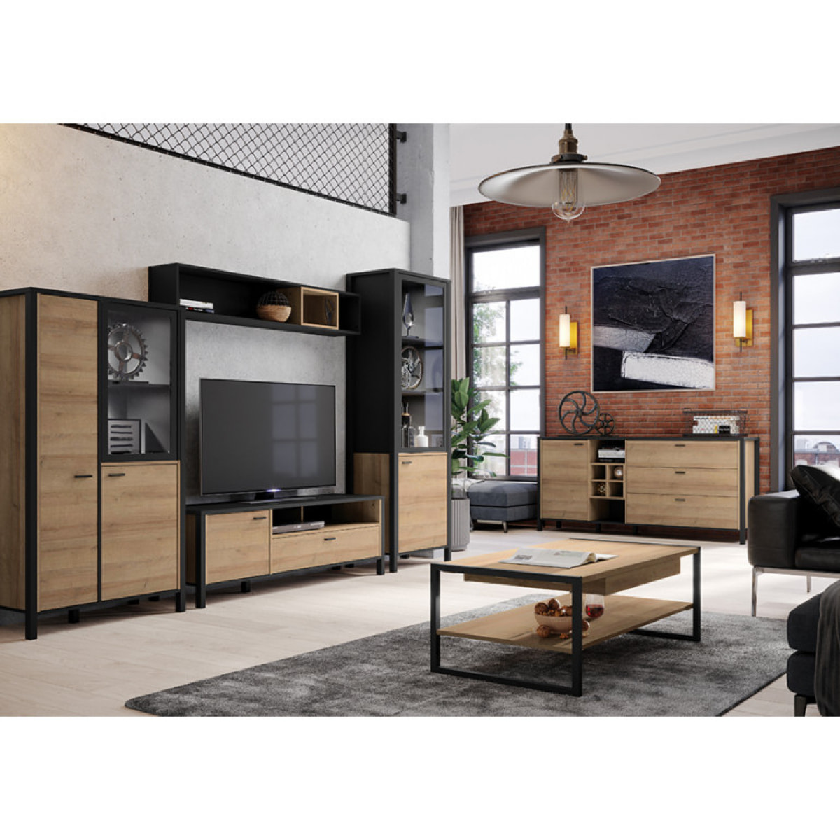 Meuble TV avec rangement en bois effet chêne - MIAMI
