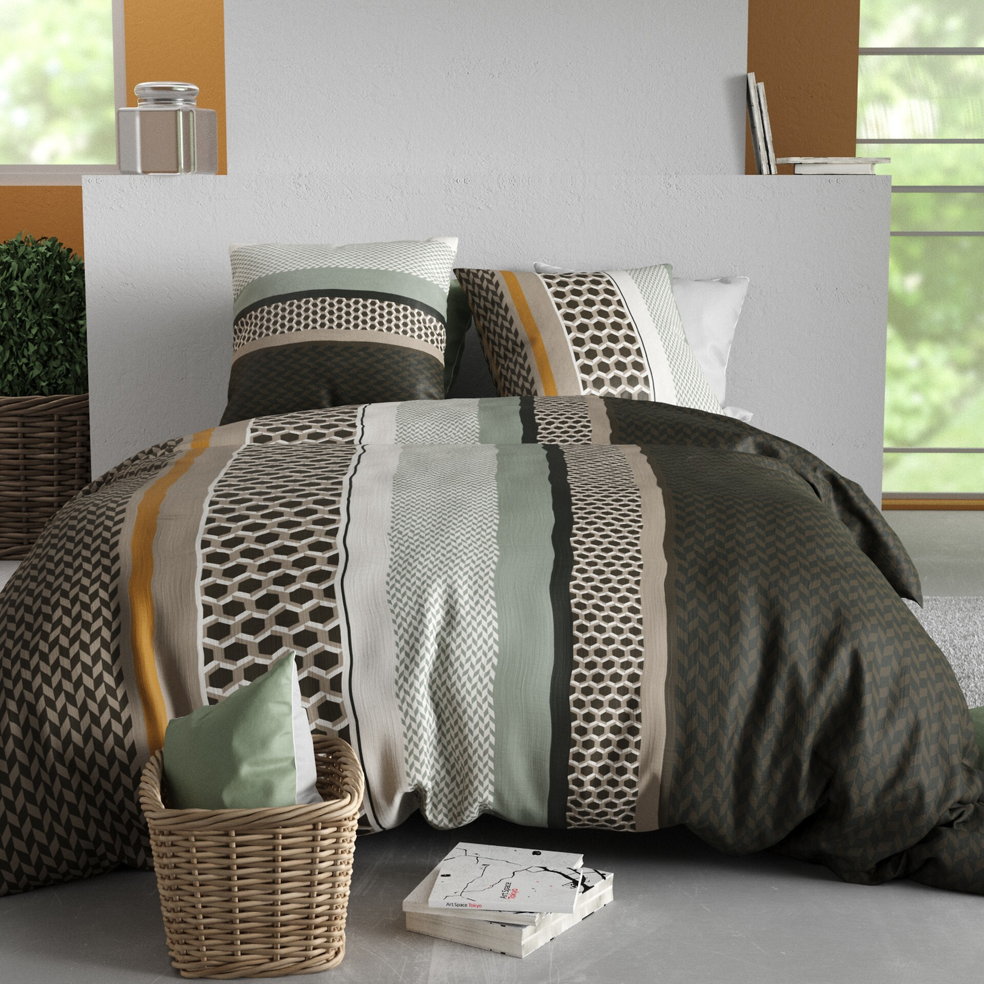 Parure housse de couette imprimée 240x260cm + 2 Taies 100% coton 57fils URBANIK