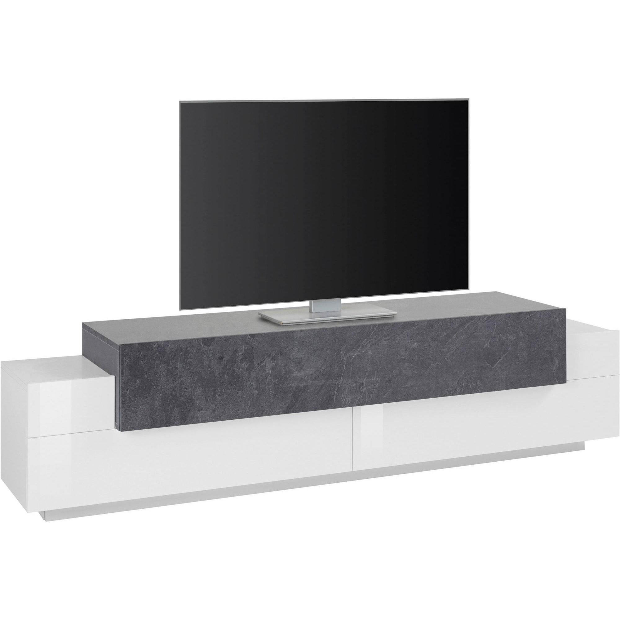 Mobile da soggiorno Porta TV, Made in Italy, Supporto per TV da salotto a 3 ante e ripiani, cm 200x45h52, colore Bianco lucido e Grigio Cenere