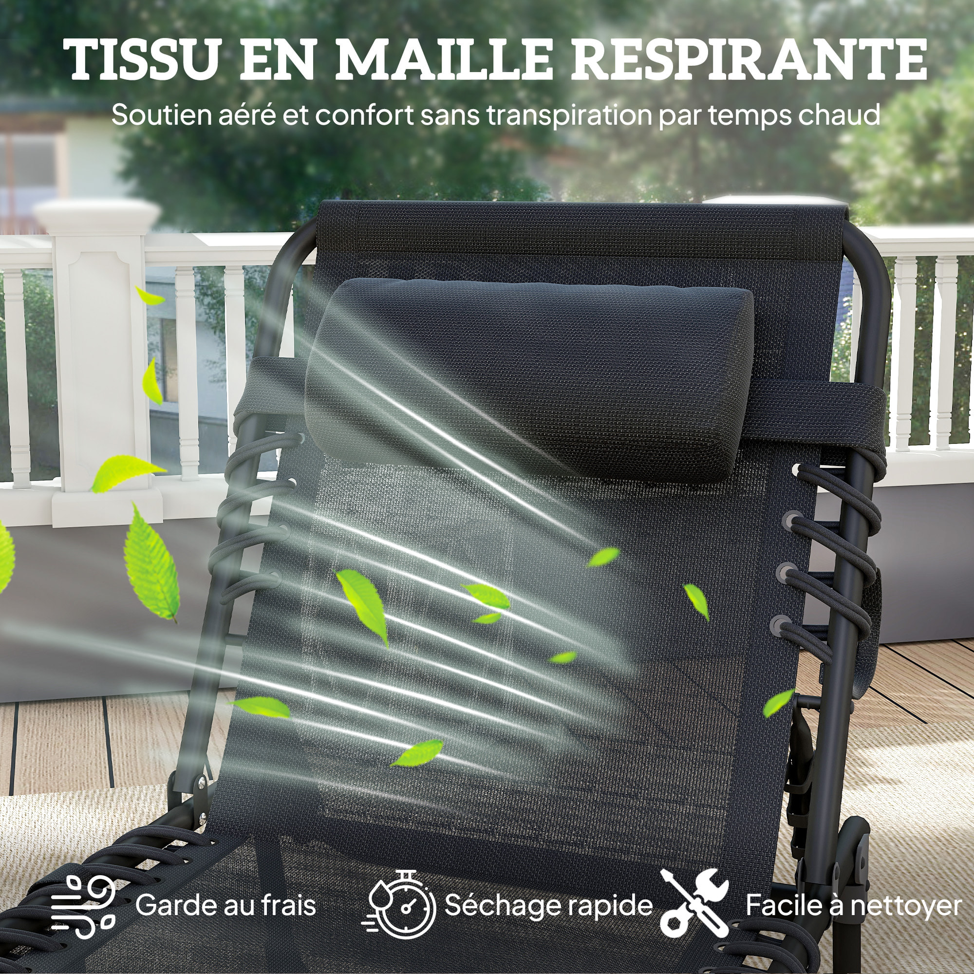 Bain de soleil transat pliable dossier inclinable acier époxy noir lacets élastiques textilène noir