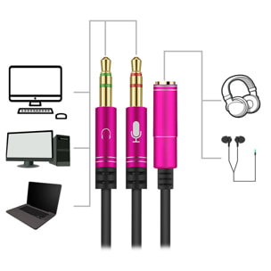 Convertitore splitter mini-jack (femmina) a doppio mini-jack maschio (microfono e altoparlante). Utilizza cuffie con microfono incorporato e mini-jack semplice sul tuo PC.