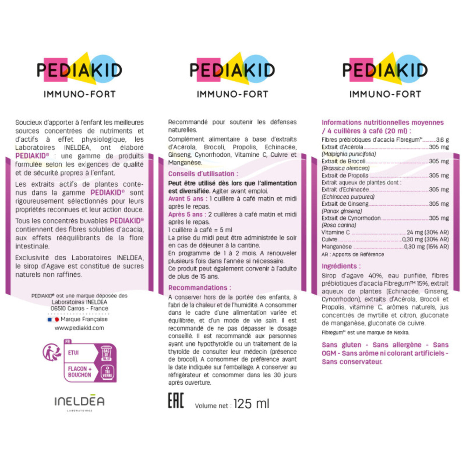 PEDIAKID - Sirop Immuno-Fort - Complément Alimentaire Naturel - Formule Exclusive au Sirop d'Agave - Aide à Soutenir les Défenses Naturelles de l'Organisme - Goût Myrtille - Lot de 3 flacons