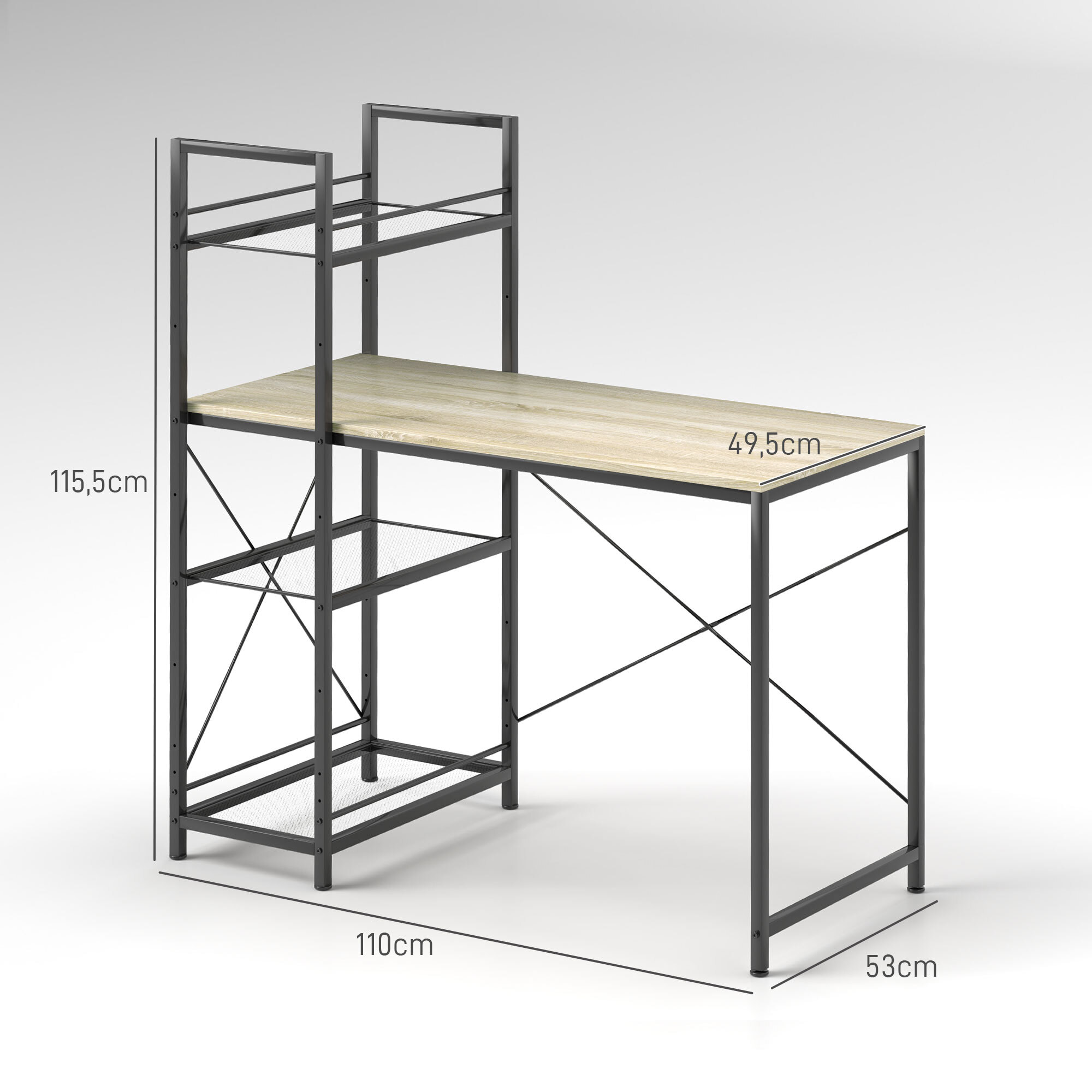 Bureau informatique style industriel - 3 étagères maillage métallique - acier noir effet bois clair