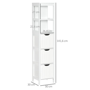 Armario Alto de Baño Estrecho con 3 Cajones y 2 Estantes Abiertos Columna de Baño Estilo Moderno para Salón Aseo Cocina 30x30x141,6 cm Blanco