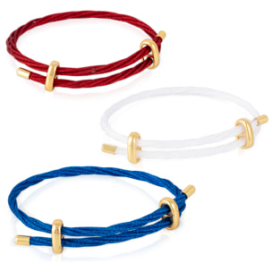 Pack de 3 pulseras multihebra entrelazada de hilo de nylon blanco, rojo y azul con cierre cruzado de cobre dorado.