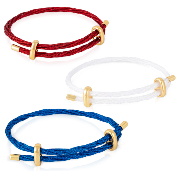 Pack de 3 pulseras multihebra entrelazada de hilo de nylon blanco, rojo y azul con cierre cruzado de cobre dorado.