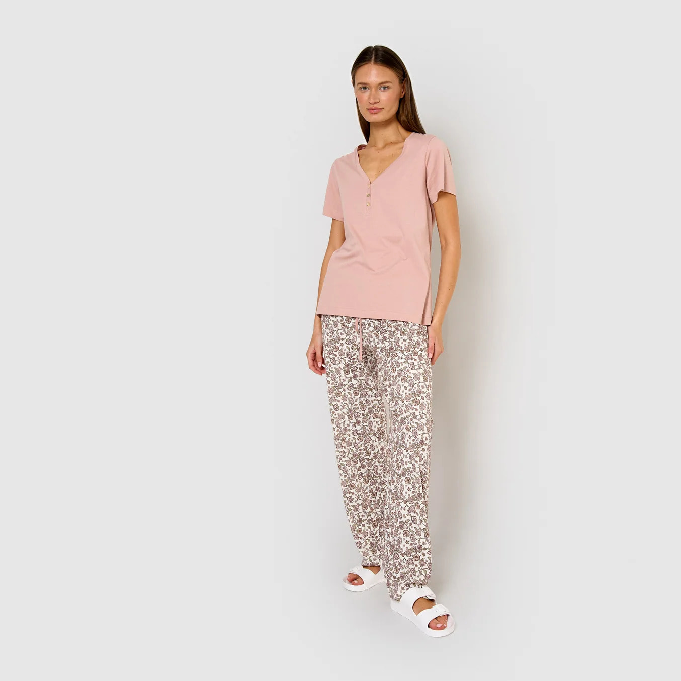 Pijama largo algodón manga corta con escote pico meghan rosa palo