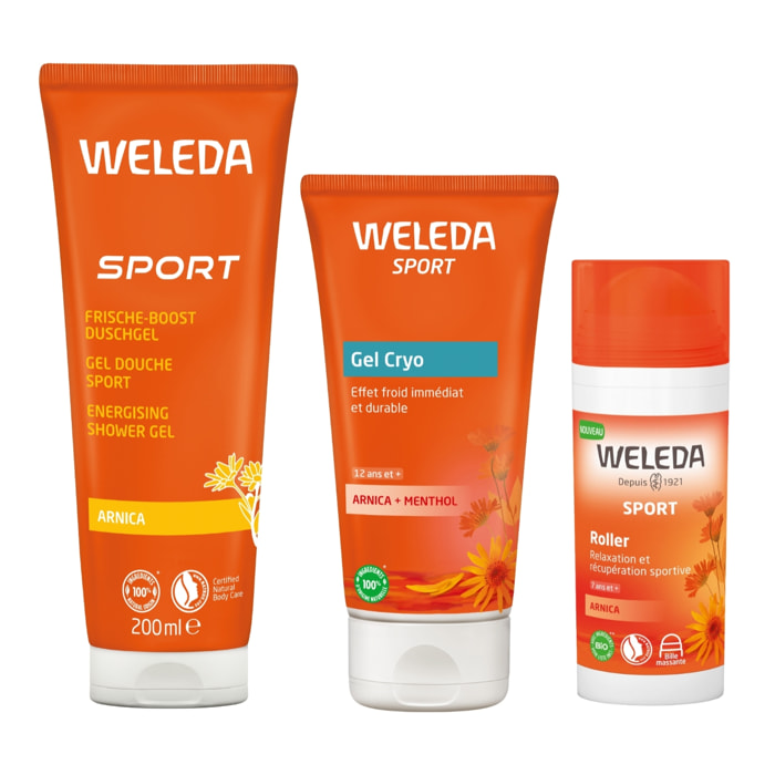 WELEDA - Trio Fraîcheur - Gel Douche Sport + Roller Arnica + Gel Cryo Arnica - Vegan* - Certifié Natrue** - Tube 200ml + Roll-on 75ml + Tube 100ml
