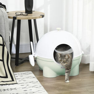 Maison de toilette pour chat design boule - porte battante, couvercle amovible, pelle - PP vert blanc