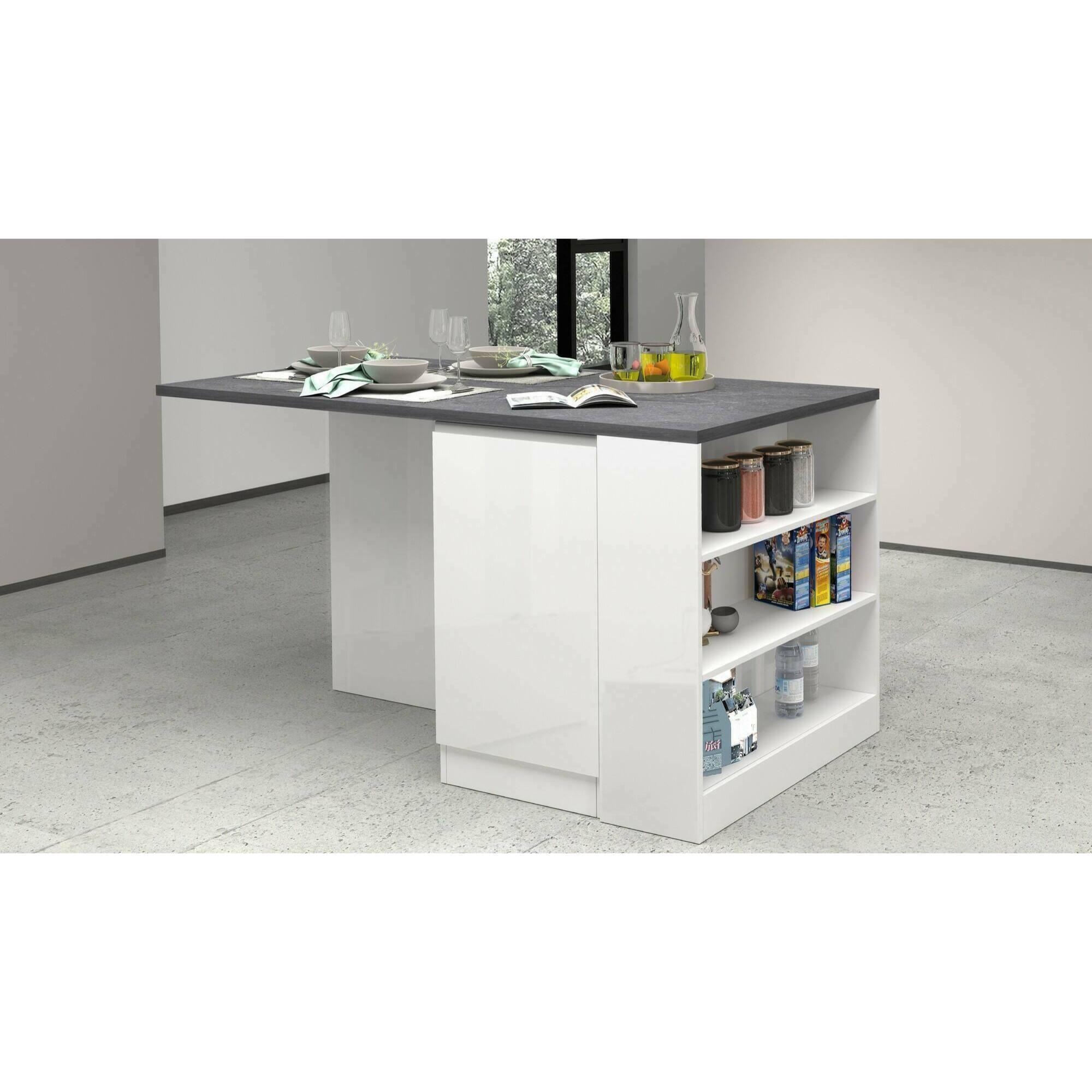 Isola da cucina Dcannaval, Tavolo ausiliario portaoggetti, 100% Made in Italy, 160x90h90 cm, Bianco lucido e Ardesia