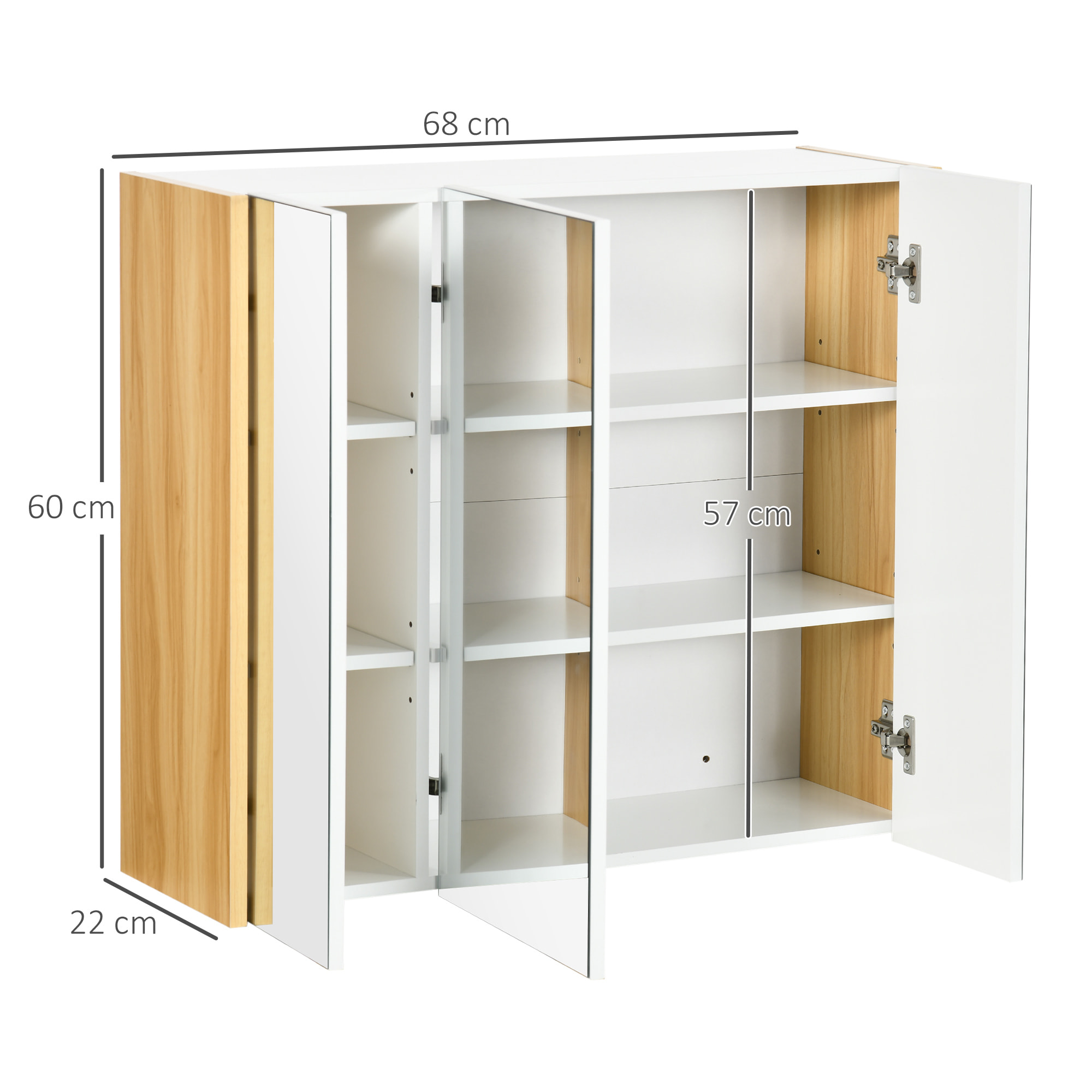 Armoire miroir salle de bain 3 portes 4 étagères aspect bois clair blanc