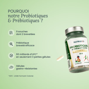 Nutri&Co Probiotiques & Prébiotiques - Flore Intestinale - 60 gélules Vegan