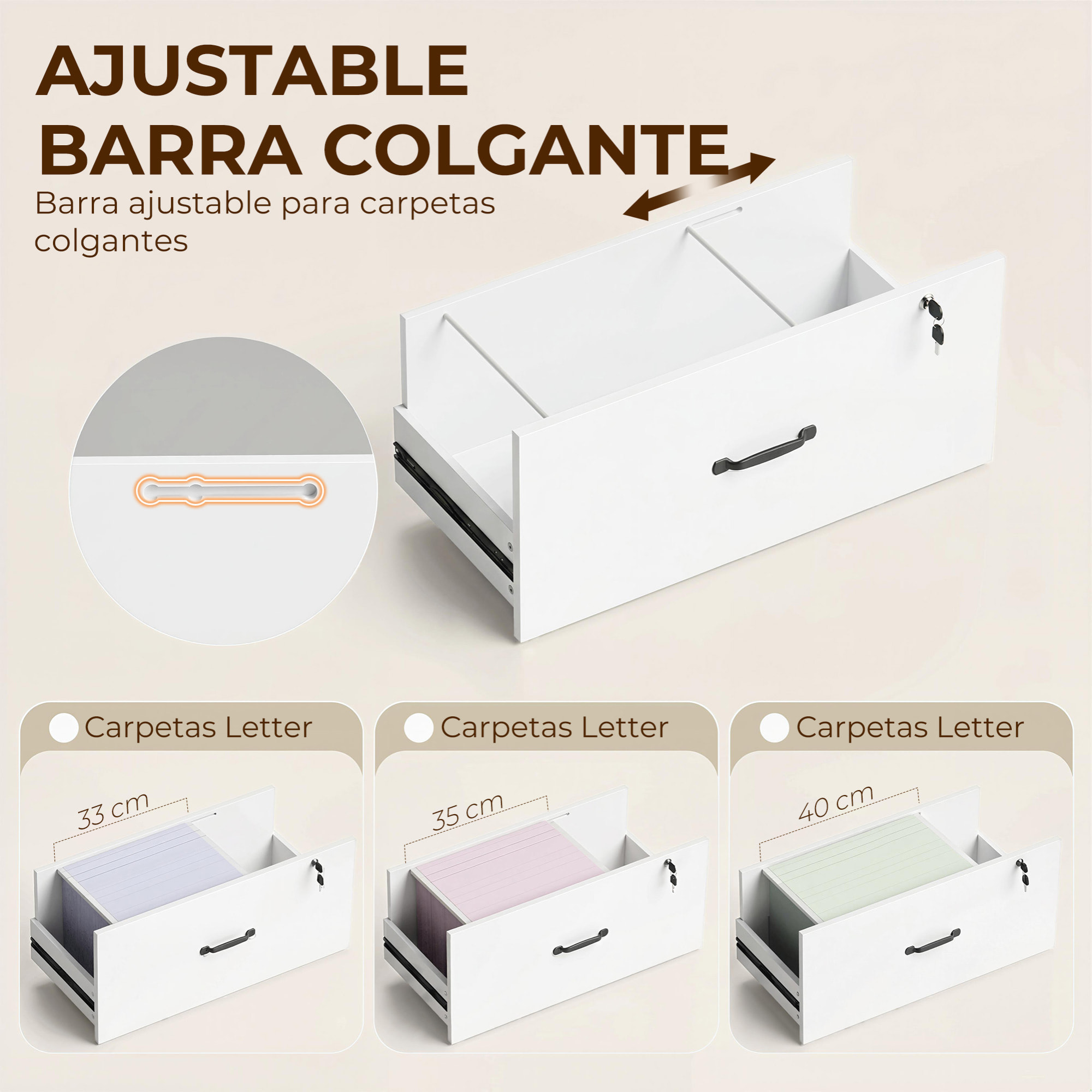 Cajonera Escritorio con Estantería, Mueble Archivador con 2 Cajones, Encimera para Impresora, Cerradura, para A4 Letter Legal, para Oficina, Estudio, Blanco