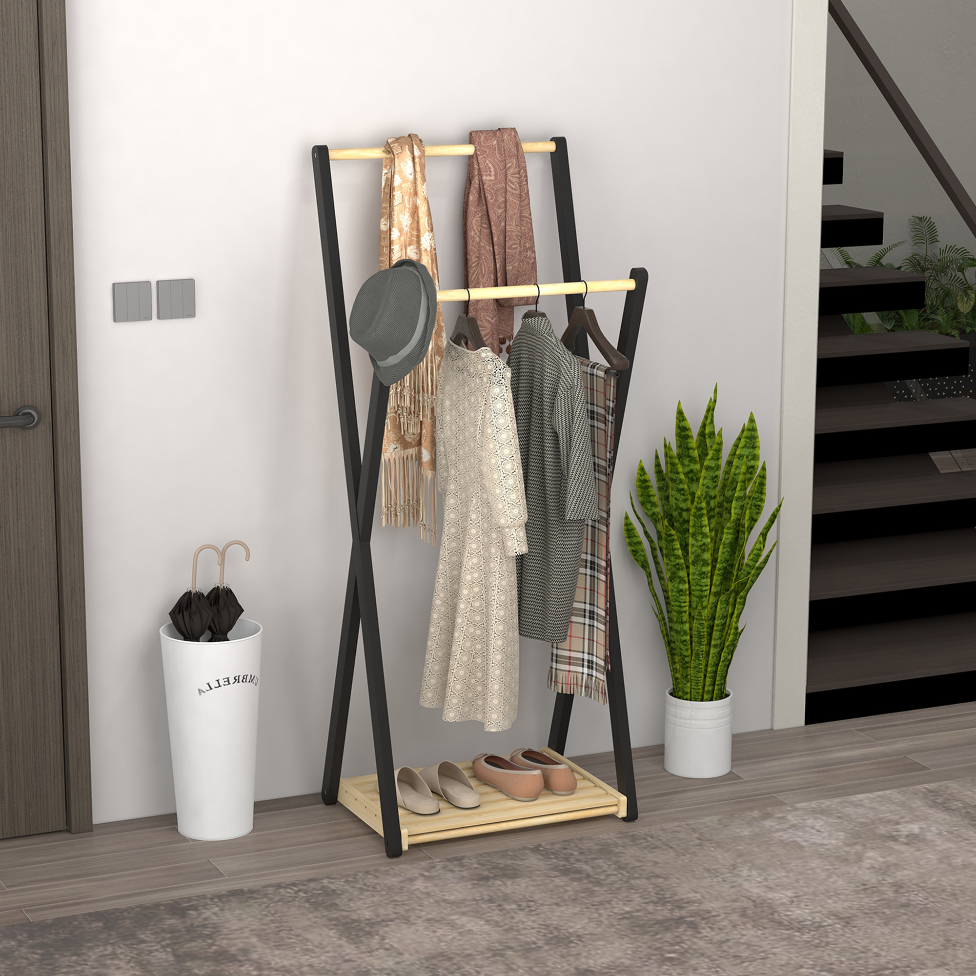 Portant à vêtements design contemporain - 2 barres, étagère - bois de pin naturel noir